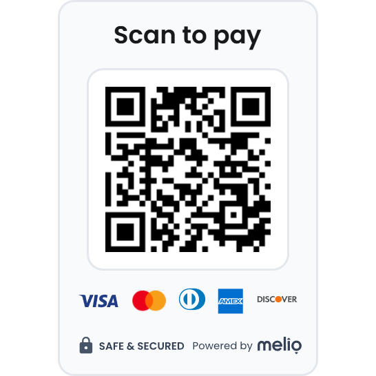 QR code for scanning to pay with Visa, Mastercard, and other logos on a white background.